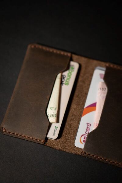 minimal X design Unisex Kestane Deri El Yapımı Kartlık