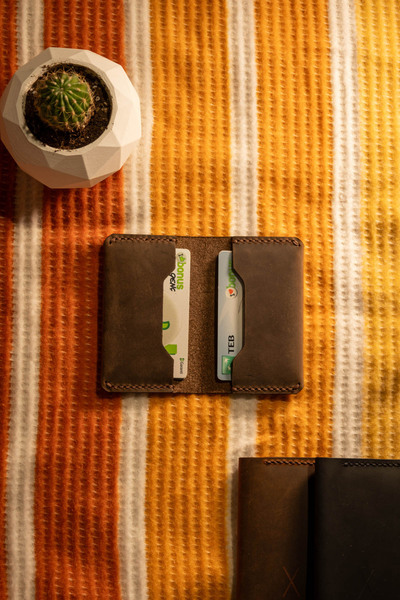 minimal X design Unisex Kestane Deri El Yapımı Kartlık