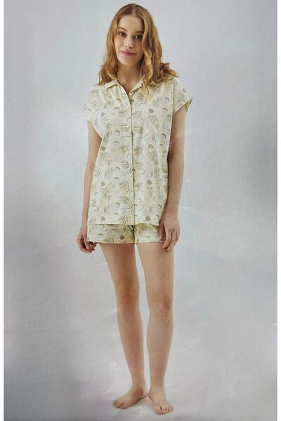 İpek Women's Short Sleeve 100% Cotton Front Buttoned Shorts Pajama Set