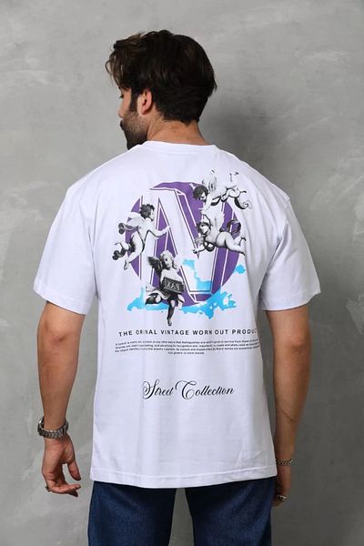 YALÇIN White Unisex Oversize Printed Crew Neck T-Shirt