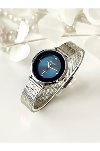 Ferrucci ساعة يد نسائية من FERRUCC (لون فضي) بسوار من القش باللون الأزرق الداكن