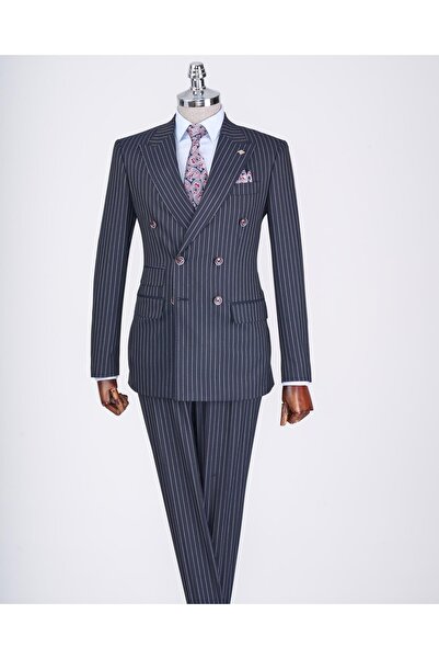 TerziAdemAltun Navy Blue Slim Fit Striped Double Breasted Jacket and Trousers Set - T13060
