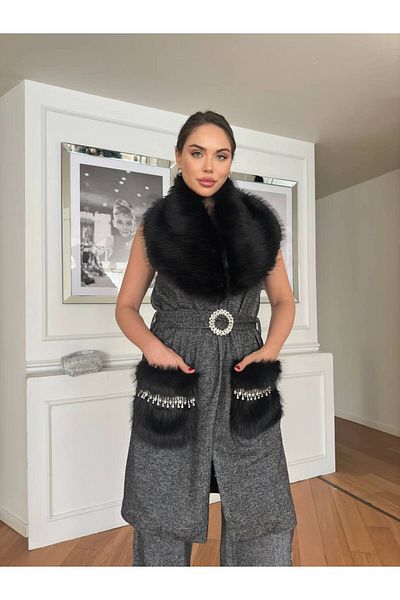 1Moda1Tarz Women's Black Imported Fabric Pocket and Collar Stone Fur Detailed Belted Lined Special Design Bottom-Top Set