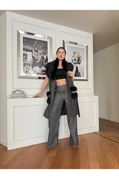 1Moda1Tarz Women's Black Imported Fabric Pocket and Collar Stone Fur Detailed Belted Lined Special Design Bottom-Top Set