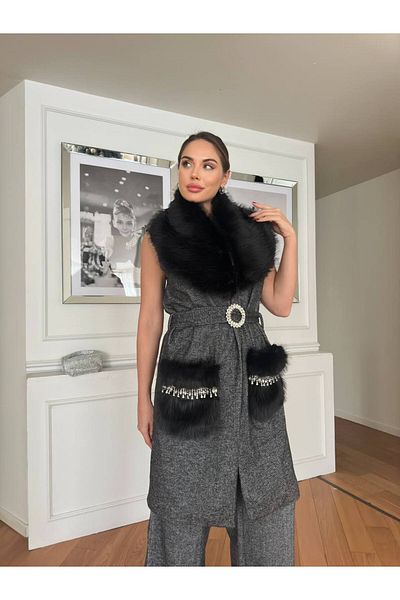1Moda1Tarz Women's Black Imported Fabric Pocket and Collar Stone Fur Detailed Belted Lined Special Design Bottom-Top Set
