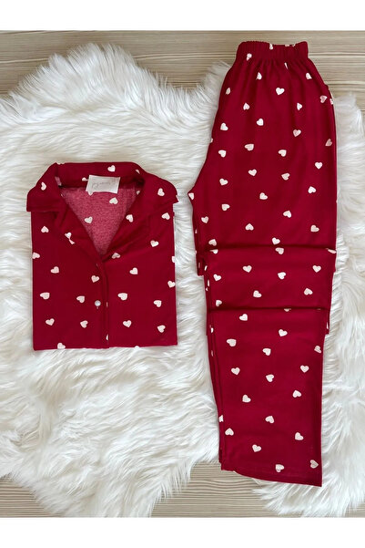 Kültür Boutique Kadın Suet kumaş  Önden Düğmeli Bebe Yaka Uzun Kol Pijama Takımı