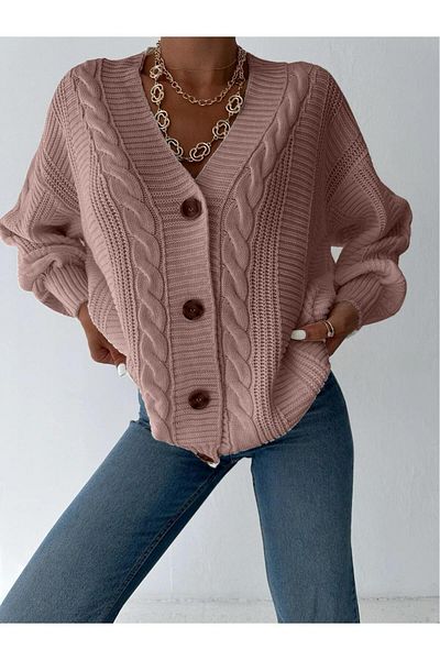 miratriko Hair Knit Detailed Balloon Sleeve Cardigan Sweater