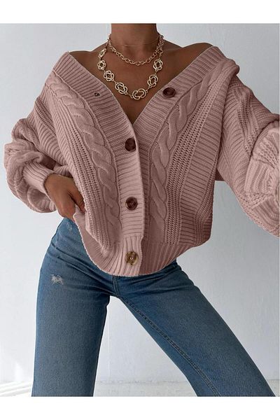 miratriko Hair Knit Detailed Balloon Sleeve Cardigan Sweater