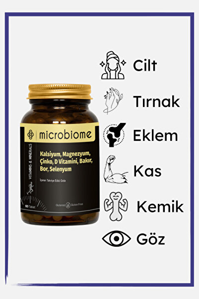 Microbiome Kalsiyum, Magnezyum, Çinko, D Vitamini, Bakır, Bor, Selenyum 60 Tablet Kemik Desteği