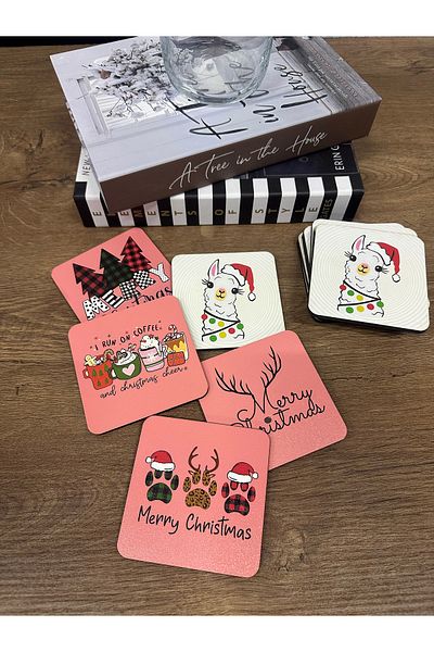 SM Satranç Medya Merry Christmas (Merry Christmas) New Year's Themed Coasters Fireplace Scented Wood Set of 5