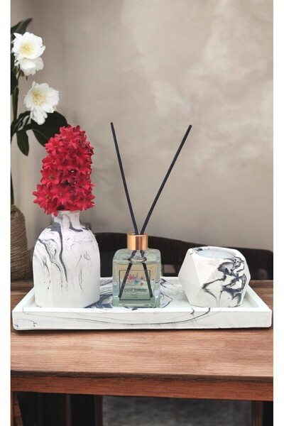 BESAGU HOME Mermer Desenli Mum Ve Vazo Seti - Vazo Oda Kokusu Tealight Mumluk...