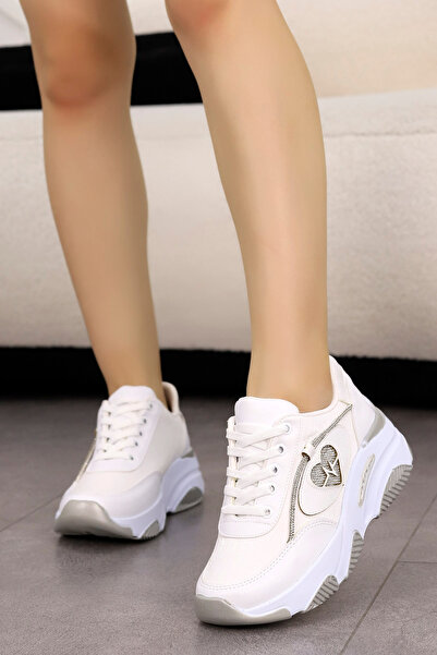 kajal ayakkabı DNR 007 Yüksek Tabanlı Kalp Detay Taşlı Spor Ayakkabı