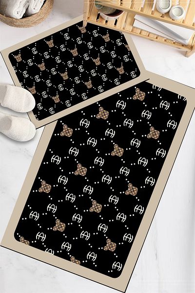 Else Dekor Patterned Printed Water Absorbent Washable Non-Slip Base 2-Piece Bathroom Rug Mat Toilet Seat Set