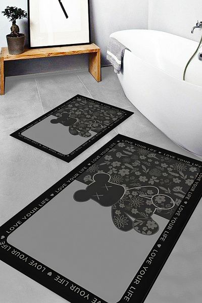 Else Dekor Patterned Printed Water Absorbent Washable Non-Slip Base 2-Piece Bathroom Rug Mat Toilet Seat Set