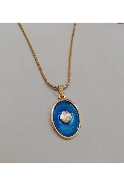Judas Takı Blue Enameled Oyster Detailed Necklace