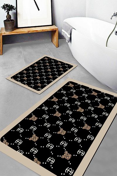 Else Dekor Patterned Printed Water Absorbent Washable Non-Slip Base 2-Piece Bathroom Rug Mat Toilet Seat Set