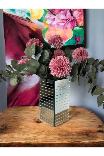 BeQ Home Vază pătrată cu oglindă argintie 20 cm - Vază decorativă cu oglindă argintie cu dungi orizontale