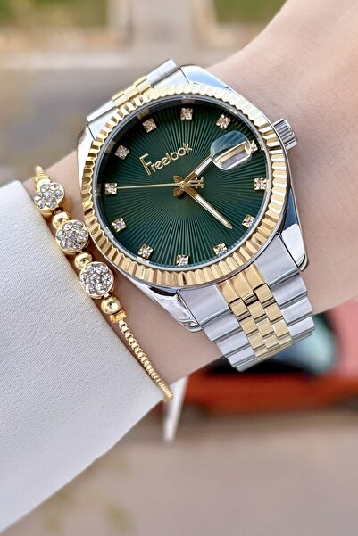 Freelook Kadranı Yeşil Kordonu Gold Gümüş Renk 5 ATM Kadın Kol Saati ve Bileklik