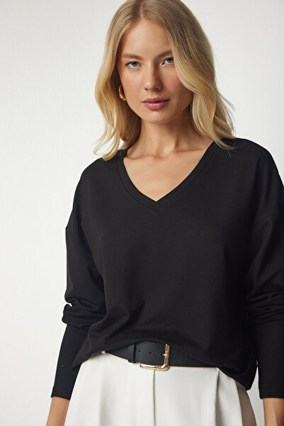 Lovelyİstanbul Bluză neagră tricotată cu decolteu în V - LUB0047