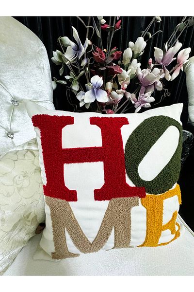 HD HOME COLLECTİON Linen Fabric (2 Pieces) Home Pattern Embroidered Punch Throw Pillow Cover (Punch)