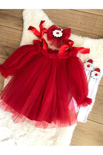 Kokosh kidss Kız çocuk noel yeni yıl kırmızı elbise toka ve çorap seti