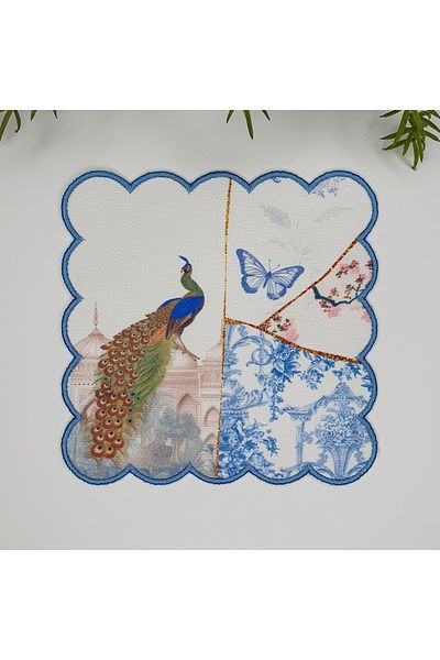 DECO 1 Piece Peacock - Embroidery Edge Cocktail Napkin with Butterfly and Crack Tile Pattern