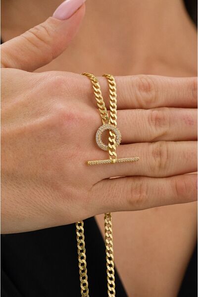 Ricco Jewellery 14 K Gold Kaplama 925 Ayar Gümüş Choker Gurmet Zincir • T Bar Kolye • 42 Cm