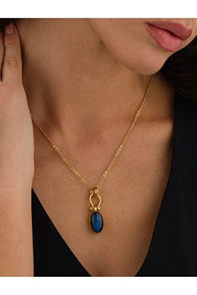 Ricco Jewellery 14 K Gold Kaplama 925 Ayar Gümüş Doğal Labradorite Kolye