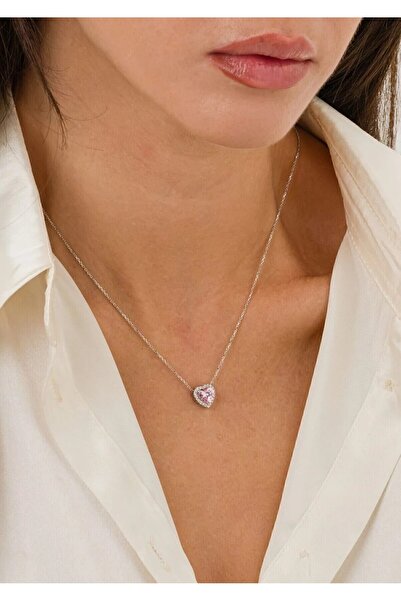 Ricco Jewellery 14 K White Gold Kaplama 925 Ayar Gümüş Pembe Kuvars Kalp Koly...