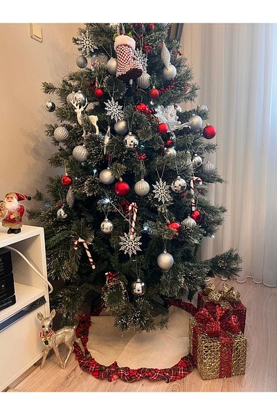 Ayd Home Πρωτοχρονιάτικο χριστουγεννιάτικο δέντρο 65 εκ. κάλυμμα λινό καρό βολάν φούστα χριστουγεννιάτικο νέο έτος
