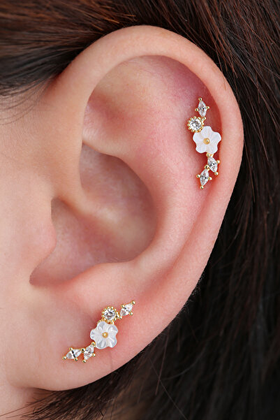 VLM AKSESUAR Sedefli Çiçek Helix Lobe Cerrahi Çelik Piercing (6mm)