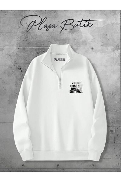 Plaza Butik Unisex Oversize Fleece Cotton Sweatshirt - Half Zipper, Stand Collar Printed