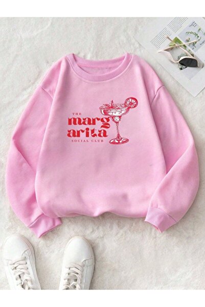 OVER HEAD Ženska ružičasta margarita čaša Štampano okrugla kragna dukserica