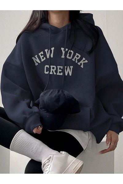 over head oh Navy Blue New York Crew Printed Oversize Hoodie - 3 Thread Sweatshirt