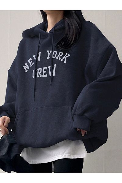over head oh Navy Blue New York Crew Printed Oversize Hoodie - 3 Thread Sweatshirt