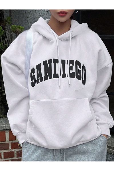 over head oh Women's White Sandiego Printed 3 Thread Oversized Hoodie Sweatshirt