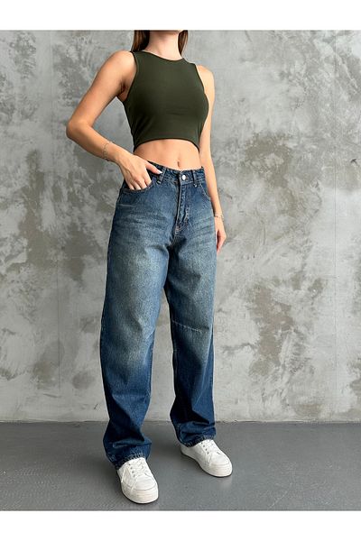 BROWSER Tintli albastru pentru femei - Pantaloni largi cu centură și picior relaxat Baggy Fit