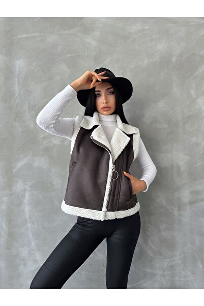 Caddebostan Moda Anthracite-Cream Suede Collar Fur Premium Luxury Trend Special Design Women's Vest