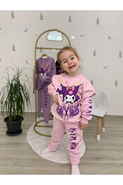 Genel Markalar Kız çocuk pembe Kuromi üç iplik şardonlu takım