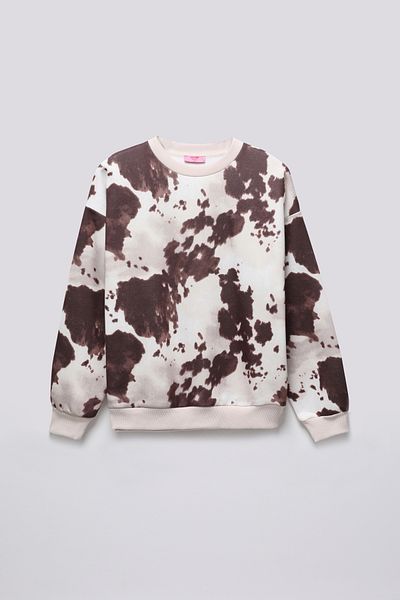 Quzu Oversize Brown Cow Patterned Sweatshirt