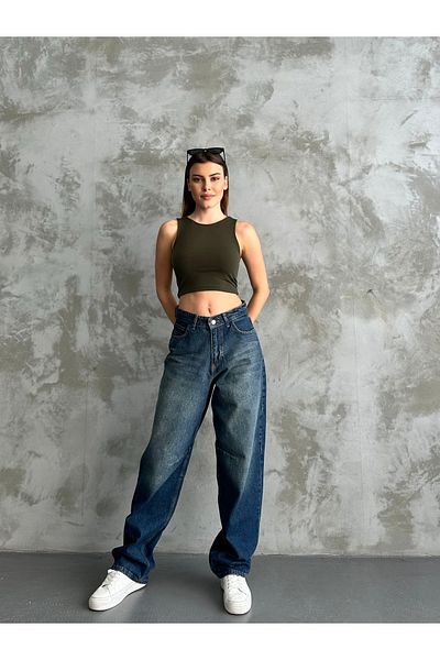 BROWSER Tintli albastru pentru femei - Pantaloni largi cu centură și picior relaxat Baggy Fit