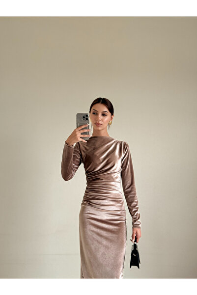 ZDABOUTİQUE Kadife Omuz Ve Bel Kısmı Drapeli Uzun Kol Fermuar Kapamalı Kadın Elbise