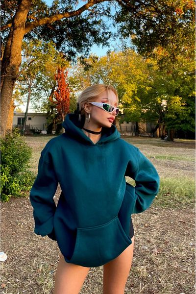 LEIVOR Hanorac unisex verde petrol - glugă din lână, căptușită, semi-size, cu 3 fire, croială specială