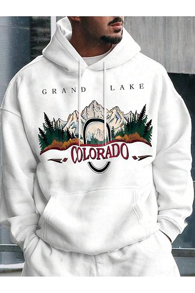 LEIVOR Hanorac alb cu glugă pentru bărbați - imprimat Colorado Grand Lake, trei fire