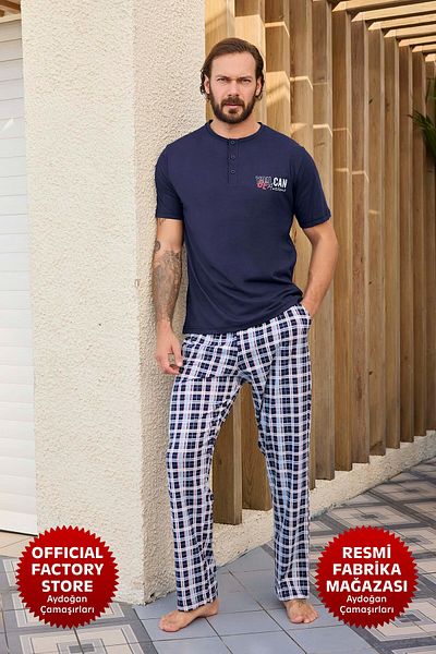 Aydoğan Ανδρικό Σετ Πιτζάμες Navy Blue 100% Cotton - C3-4 Model Single Jersey Patch Κοντό μανίκι New Aydogan ®