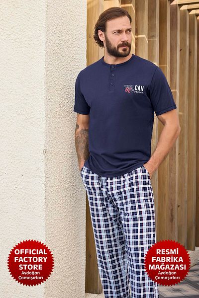 Aydoğan Ανδρικό Σετ Πιτζάμες Navy Blue 100% Cotton - C3-4 Model Single Jersey Patch Κοντό μανίκι New Aydogan ®