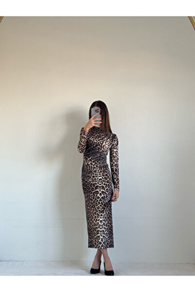 ZDABOUTİQUE Kadife Omuz Ve Bel Kısmı Drapeli Uzun Kol Fermuar Kapamalı Kadın Elbise