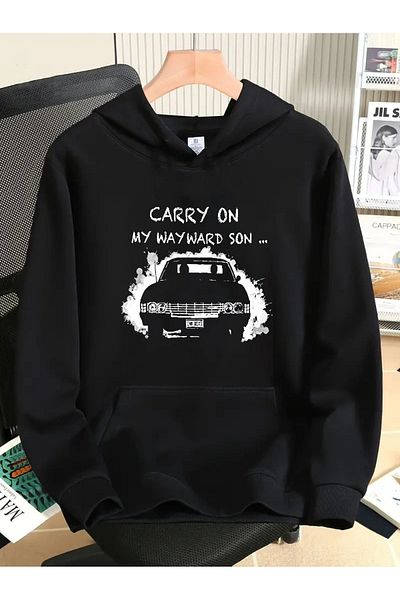 LEIVOR Hanorac negru unisex cu glugă cu imprimeu Supernatural Sam & Dean Winchester
