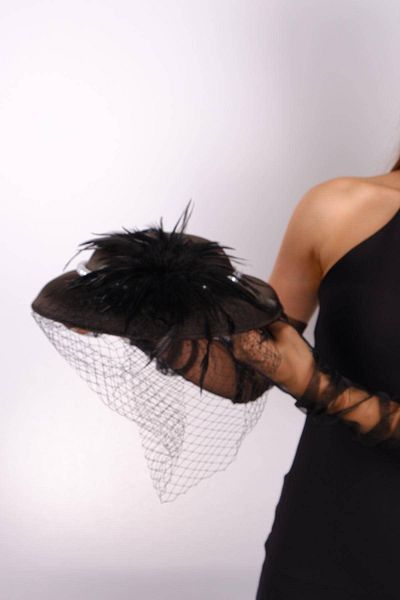 Hobigram Black Wedding Hat Vualet Deva with Pearls Tulle Bridal Accessory Hair Accessory