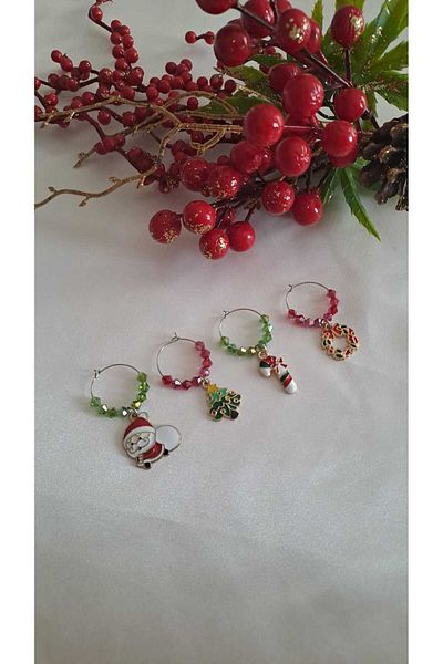 SOUL BY A&B New Year's Set of 4 Red Santa Claus Pine Tree Patterned Goblet Ornament - Gift Cup Mug Accessory